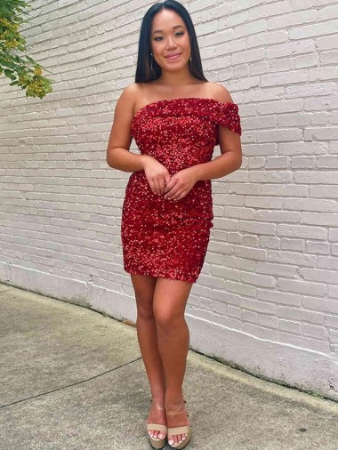Velvet Sequin One Shoulder Sheath Burgundy Prom Dress Manchester
