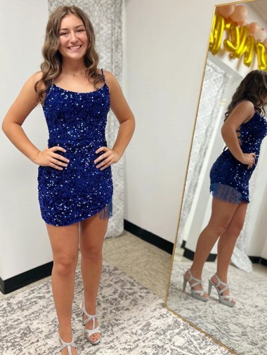 Velvet Sequin Spaghetti Straps Sheath Royal Blue Prom Dress Manchester