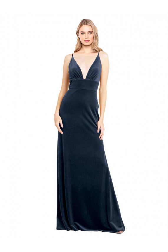 Stretch Velvet V-Neck V-Back A-Line Dark Navy Prom Dress / Bridesmaid Dress Manchester