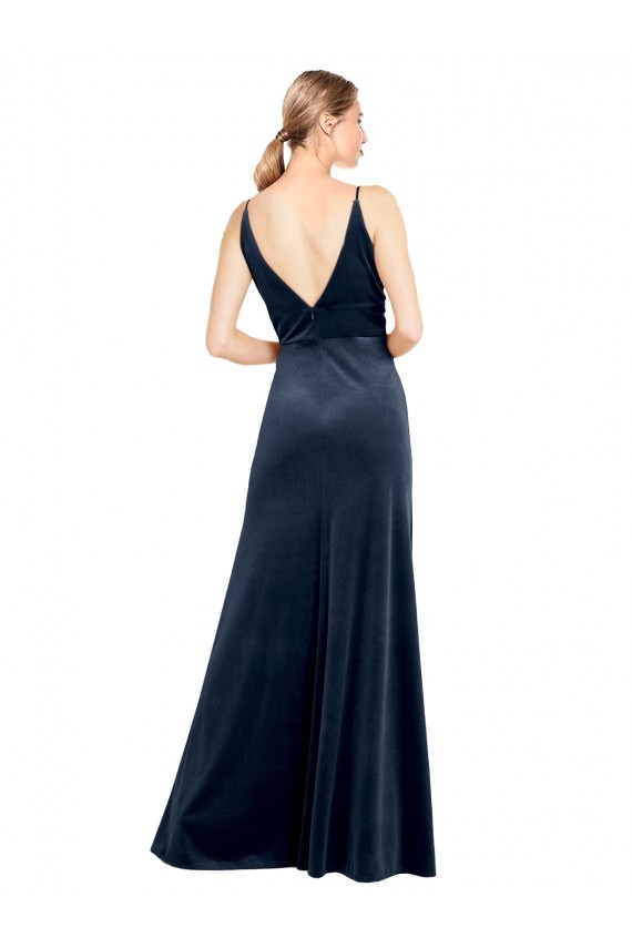 Stretch Velvet V-Neck V-Back A-Line Dark Navy Prom Dress / Bridesmaid Dress Manchester