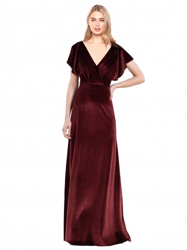 Stretch Velvet V-Neck Long A-Line Burgundy Prom Dress / Bridesmaid Dress Manchester