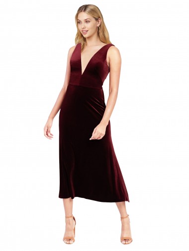 Stretch Velvet V-Neck V-Back A-Line Burgundy Prom Dress / Bridesmaid Dress Manchester