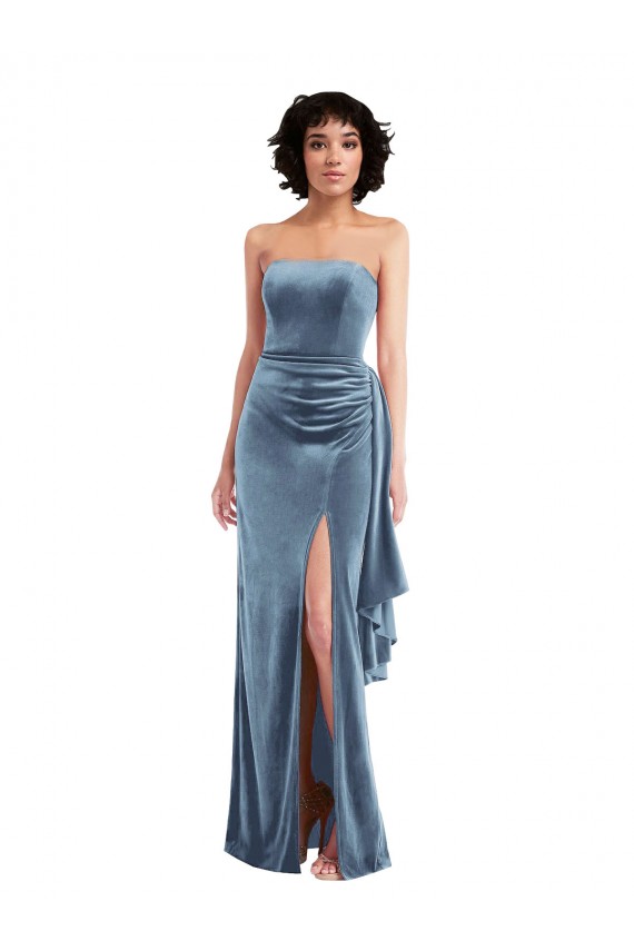 Stretch Velvet Strapless Low Back Sheath Dusty Blue Formal Evening Gown / Prom Dress / Bridesmaid Dress Manchester