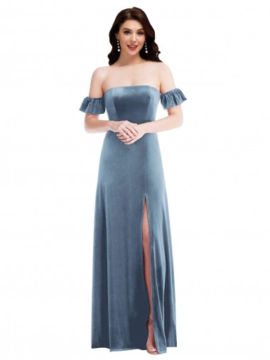 Stretch Velvet Off the Shoulder Low Back A-Line Dusty Blue Formal Dress / Bridesmaid Dress Manchester