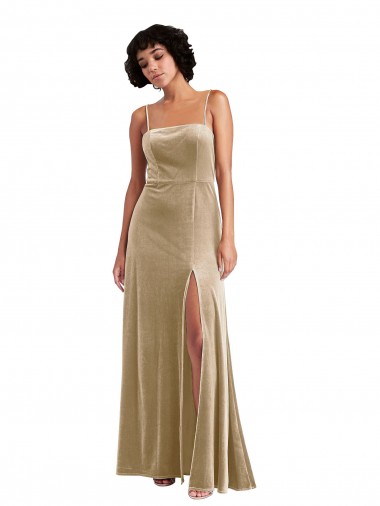 Stretch Velvet Square Neck Low Back A-Line Champagne Formal Evening Gown / Prom Dress / Bridesmaid Dress Manchester