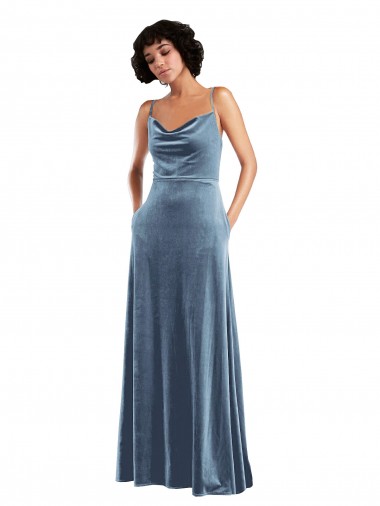 Stretch Velvet Cowl Neck Open Back Sheath Dusty Blue Semi Formal Evening Dress / Prom Dress / Bridesmaid Dress Manchester