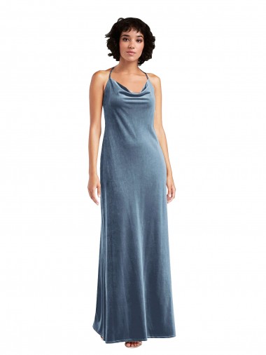 Stretch Velvet Cowl Neck V-Back Sheath Dusty Blue Bridesmaid Dress / Evening Dress Manchester