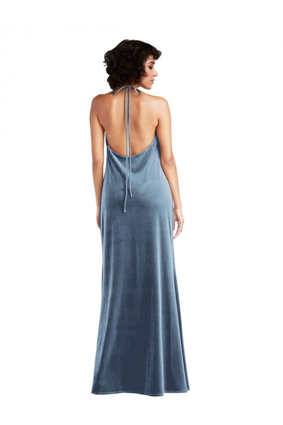 Stretch Velvet Cowl Neck V-Back Sheath Dusty Blue Bridesmaid Dress / Evening Dress Manchester
