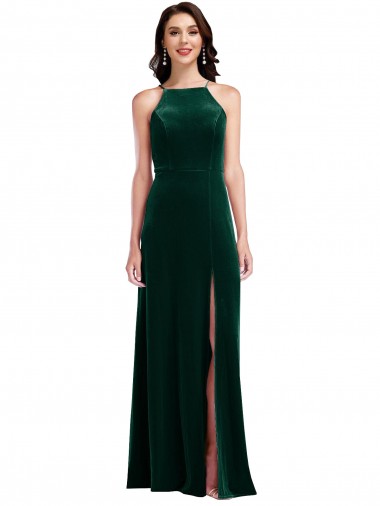 Stretch Velvet High Neck A-Line Dark Green Semi Formal Evening Dress / Prom Dress / Bridesmaid Dress Manchester
