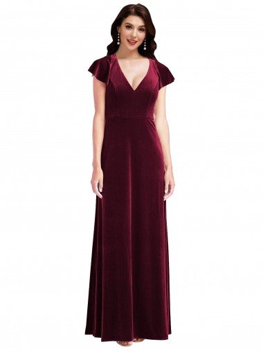 Stretch Velvet V-Neck A-Line Burgundy Semi Formal Evening Dress / Prom Dress / Bridesmaid Dress Manchester