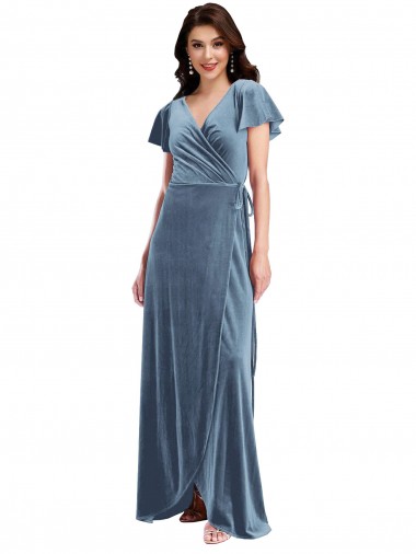 Stretch Velvet V-Neck A-Line Dusty Blue Black Tie Evening Gown / Prom Dress / Bridesmaid Dress Manchester