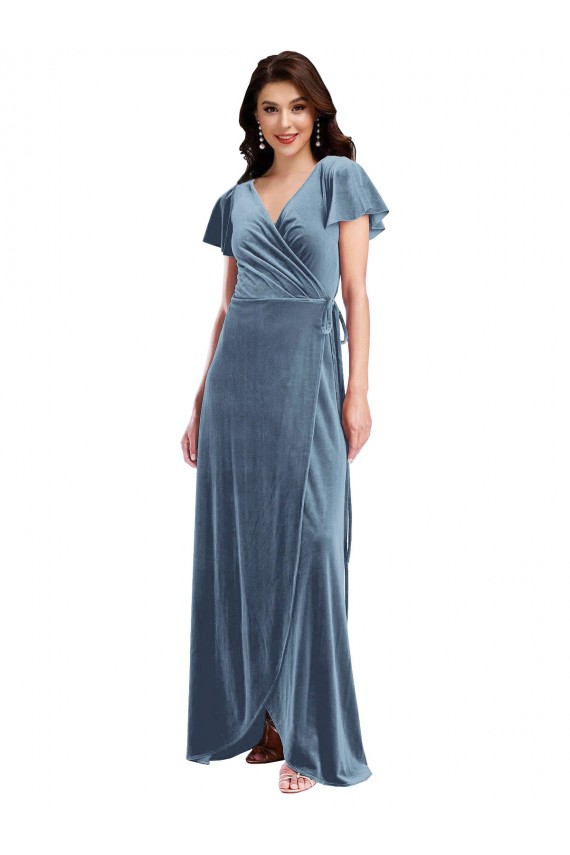 Stretch Velvet V-Neck A-Line Dusty Blue Black Tie Evening Gown / Prom Dress / Bridesmaid Dress Manchester