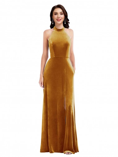 Stretch Velvet High Neck Keyhole Back Trumpet Gold Semi Formal Evening Dress / Prom Dress / Bridesmaid Dress Manchester