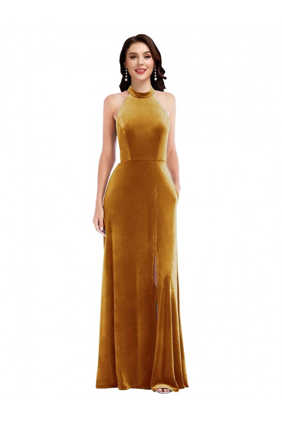 Stretch Velvet High Neck Keyhole Back Trumpet Gold Semi Formal Evening Dress / Prom Dress / Bridesmaid Dress Manchester