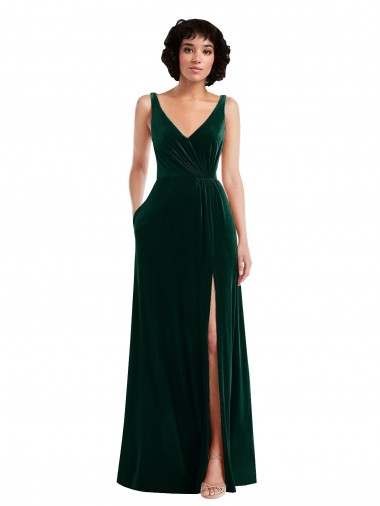 Stretch Velvet V-Neck V-Back A-Line Dark Green Bridesmaid Dress / Evening Dress Manchester