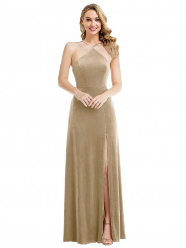 Stretch Velvet High Neck Open Back A-Line Champagne Semi Formal Evening Dress / Prom Dress / Bridesmaid Dress Manchester