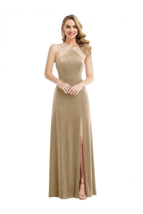 Stretch Velvet High Neck Open Back A-Line Champagne Semi Formal Evening Dress / Prom Dress / Bridesmaid Dress Manchester