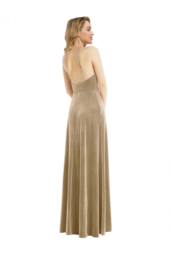 Stretch Velvet High Neck Open Back A-Line Champagne Semi Formal Evening Dress / Prom Dress / Bridesmaid Dress Manchester