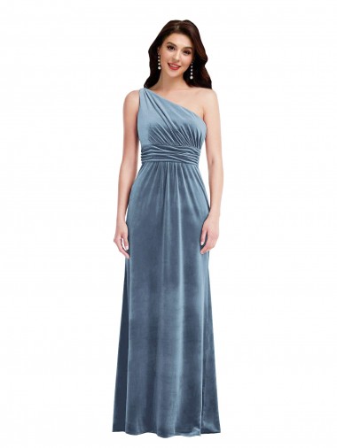 Stretch Velvet Off the Shoulder A-Line Dusty Blue Bridesmaid Dress / Evening Dress Manchester