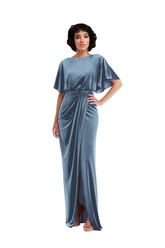 Stretch Velvet Open Back Sheath Dusty Blue Semi Formal Evening Dress / Prom Dress / Bridesmaid Dress Manchester