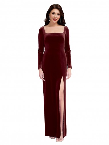 Stretch Velvet Square Neck Low Back A-Line Burgundy Prom Dress / Bridesmaid Dress Manchester