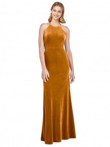 Stretch Velvet High Neck Open Back A-Line Gold Formal Evening Gown / Prom Dress / Bridesmaid Dress Manchester
