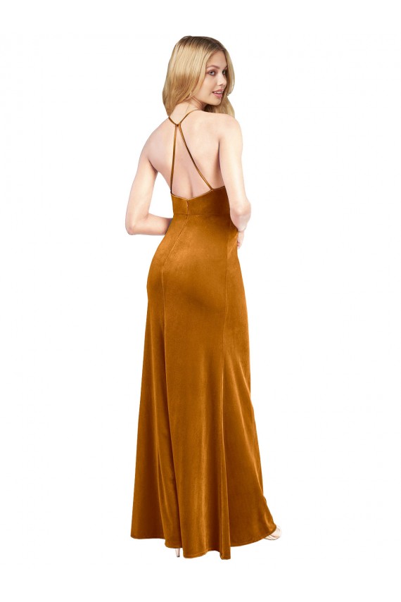 Stretch Velvet High Neck Open Back A-Line Gold Formal Evening Gown / Prom Dress / Bridesmaid Dress Manchester