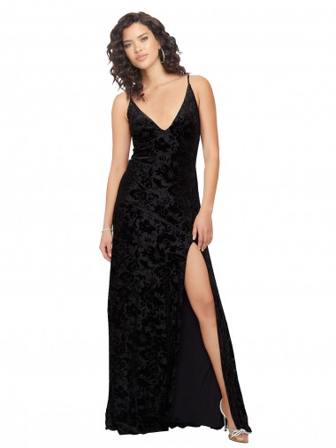 Floral Velvet & Stretch Velvet V-Neck Open Back Sheath Black Bridesmaid Dress Manchester
