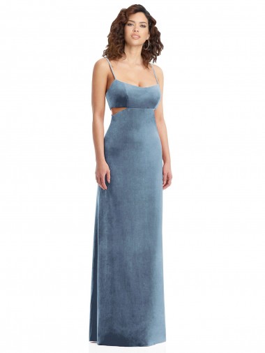 Stretch Velvet Square Neck Low Back Sheath Dusty Blue Formal Evening Gown / Prom Dress / Bridesmaid Dress Manchester